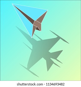 Unique blue isometric paper plane when in the shadow change to be awesome Fighter aircraft icon Vector Illustration