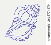 Unique blue line drawing of a conch shell with detailed patterns and curves showcasing intricate natural design