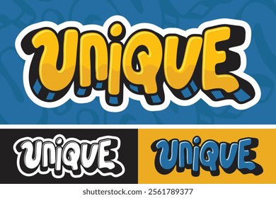 "Unique" - A bold and playful typography design in a vibrant yellow, blue, and white color scheme. This eye-catching design is perfect for stickers, print, t-shirts, or any design