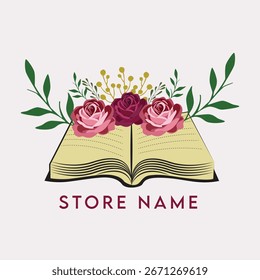 LOGOTIPO ÚNICO DE LA TIENDA DE LIBROS ESTILIZADO LIBRO Y FLOR