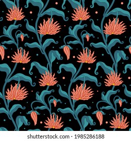 Unique botanical flower vector seamless pattern design. Awesome for spring summer vintage fabric, textile, wallpaper, scrapbooking, gift wrap, accessories, and clothing. Surface pattern design.