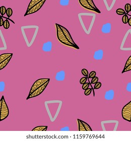 Unique branch and leaves seamless pattern with purple background childish style