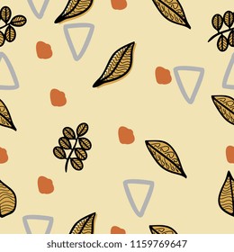 Unique branch and leaves seamless pattern with light brown background