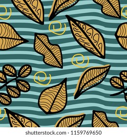 Unique branch and leaves seamless pattern with flowing blue background