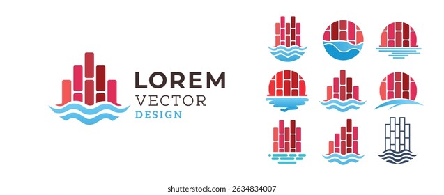 Unique brick wall sea sun vector design bundle