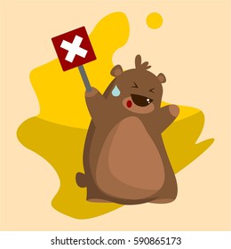 unique brown cute bear character cartoon with various expression funny for kids and children in yellow background and for drawing and coloring book