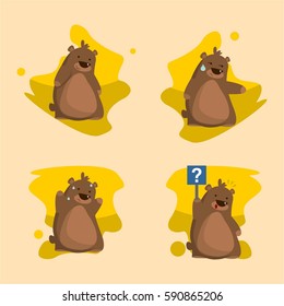 unique brown cute bear character cartoon with various expression funny for kids and children in yellow background and for drawing and coloring book