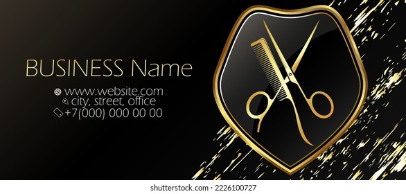 Unique business card layout for a beauty salon. Golden scissors and comb on a shield