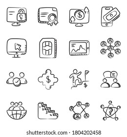 Unique Business Icons Set in Modern Doodle Line Style 