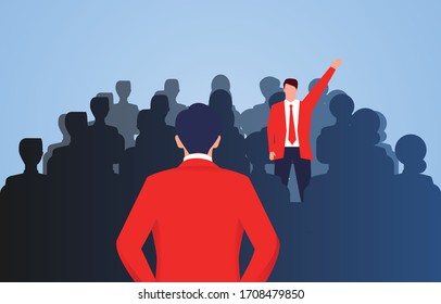 Unique businessman stands out from the crowd and stands up to answer questions