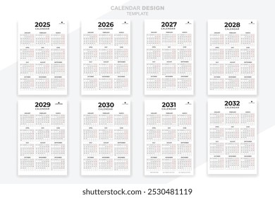 Unique calendar for 2025, 2026, 2027,2028, 2029, 2030, 2031, 2032 daily planner design.