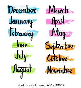 Unique calendar collection of months. Hand drawn names of month. Seasons in lettering style. 