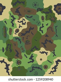 Unique camouflage pattern with abstract eyes.Green and brown camo design.Vector illustration.
