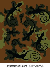 Unique camouflage pattern with lizards and question marks.Brown and green unique camo design,vector.Seamless pattern.