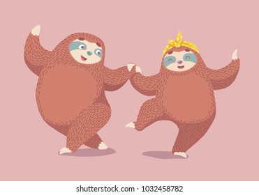 unique card with two cute  cartoon sloths dancing boogie woogie. vector illustration with funny animals