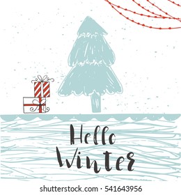 Unique cards with quote Hello winter. Easy editable template. Vector illustration