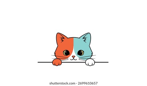 Unique cartoon cat head, split playfully into vibrant orange and cool blue halves, curiously peeking over a boundary on a white background.