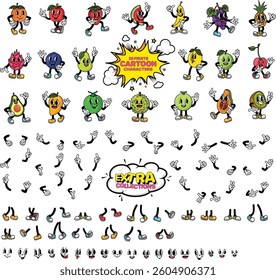 Unique cartoon fruit characters Orange, apple, strawberry, banana, watermelon, lemon, grape, pineapple, dragon fruit, melon, pear, kiwi, papaya, blueberry, coconut, mango, avocado, cherry, guava, etc.