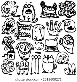 Unique cartoon monster. Cosmic little alien smiling on textile print design. Trendy style vector illustration of children's fashion characters, Hand drawn line art cartoon vector illustration.