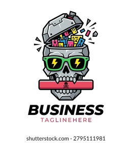 Unique cartoon skull wearing sunglasses with an open brain filled with data blocks, perfect for creative agencies, tech branding, and modern startups.
