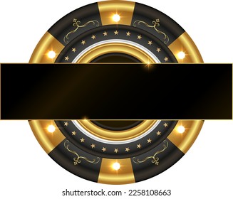 Unique casino chip in black and gold color, black banner in the center