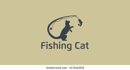 unique cat silhouette logo design, cat with tail as a fishing rod,logos for pet stores, small children and pet care