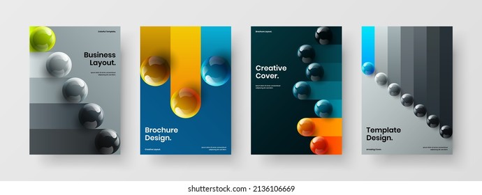 Unique catalog cover A4 design vector concept bundle. Fresh realistic balls presentation layout composition.