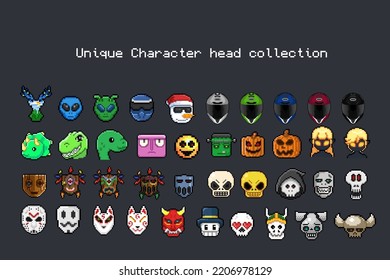 unique character head collection set in pixel art style