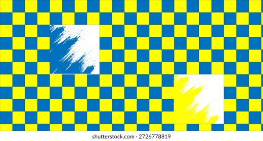 Eindeutiger Schachbretthintergrund. Retro psychedelisch karierte Tapete. Einzigartige Schachbrettfläche. Verzerrte geometrische Muster und gelber und blauer Grunge.