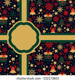 Unique Christmas design element for greeting card in vector. New year dark decoration with bell, tree, snowflake and gift in red, green and golden colors