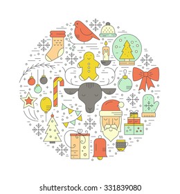 Unique christmas illustration made in vector. Dofferent christmas and winter symbols organized in a circle.