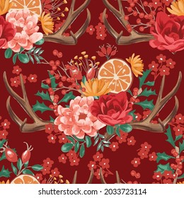Unique Christmas seamless pattern with holly leaves and berries, antlers, flowers, mistletoe for greeting cards, fabric, wrapping papers. Vector illustration. Perfect for holidays. Separate elements.