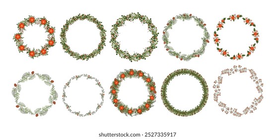 Unique Christmas wreaths flat color vector objects set. Flowers pine cones leaves and branches frames illustrations pack on white