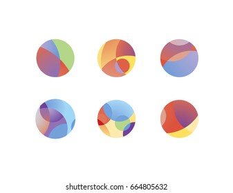 Unique circle logo icons or symbols with geometric curved shapes. Shaded gradient overlay colors. Colorful decorative swatches.