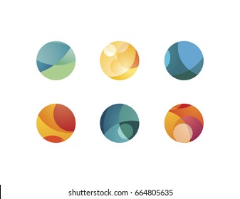 Unique Circle Logo Icons Or Symbols With Geometric Curved Shapes. Shaded Gradient Overlay Colors. Colorful Decorative Swatches.