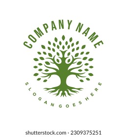 Unique circle oak tree, root, leaf, leaves logo in symmetrical way. Abstract banyan tree logo vector.