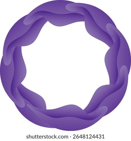 Un diseño circular único con segmentos ondulados de color púrpura fluidos en capas, creando un anillo abstracto y dinámico gráfico en blanco.