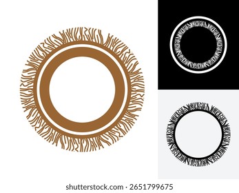 quadro circular exclusivo em marrom ou ouro com uma borda texturizada, borda de borda, lembrando rattan ou palha, Ideal para rústico, boho, ou projetos temáticos naturais, rótulos orgânicos, ou bordas decorativas