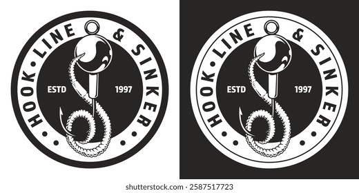 A unique circular logo showcases a fishing hook intertwined with a rope conveying a nautical theme. The design is presented in two color variations enhancing its visual appeal.