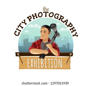 Unique city photography custom logo design advertisement with man holding camera against cityscape background colorful vector illustration