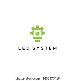 Unique, clean, modern and elegant logo design illustration inspiration with Led, light bulb and gear or system for technology, lighting, interior, industrial, etc