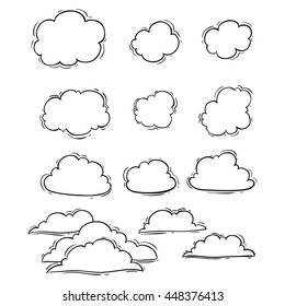 Unique clouds collection using doodle art on white background