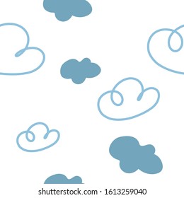 Unique clouds illustration. Vector background for children clothes, wallpaper, diaries, notebooks, postcards, banner etc. Seamless pattern with blue clouds