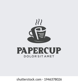 Unique coffee cup with paper logo design vector. Creative concept of paper and cup symbol. Coffee cup logo template for restaurant, coffee shop, food and drink.