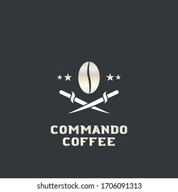 Einzigartiges Coffee-Logo-Template mit Kaffeebohnen und Armeemessern Vektorillustration-Objekt für Logo-, Icon- oder Badge-Design. Luxuriöse Illustration. Commando-Kaffee