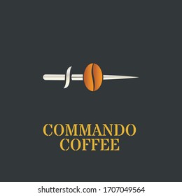 Unique Coffee logo template with Coffee bean and army or commando knife vector object for logo mark, icon or badge Design. Luxury style illustration. Commando Coffee