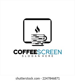 Unique coffee mug vector logo design with computer LCD screen.