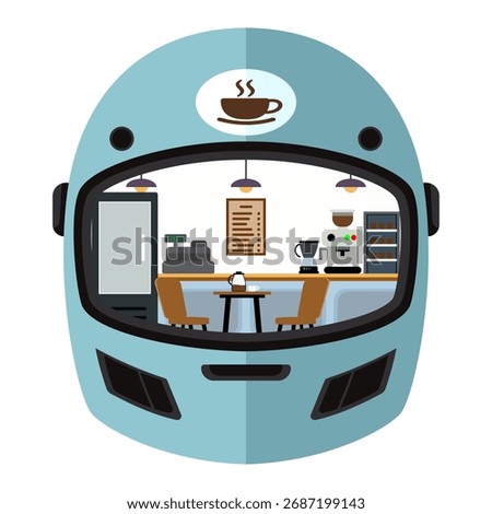 Unique coffee shop design inside a motorcycle helmet. Flat vector illustration with modern and cute concept, ideal for branding, poster, or creative business idea.
