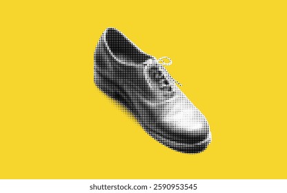 A unique collage showcases a stylish white shoe adorned with halftone patterns, set against a bright yellow canvas. This modern artwork captures attention through bold contrast and creative flair.