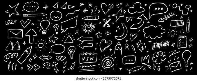 Unique collection of doodles and sketches featuring various symbols and shapes in black and white